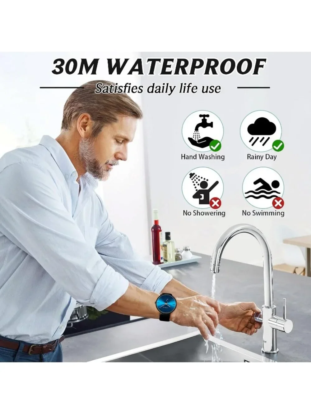 Unisex Gold Blue Ultra-Thin Minimalist Waterproof Fashion Leather Band Watch